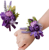 URROMA Wrist Corsage and Boutonniere Set, 1 Set Small Rose Purple Hand Flower Bouquet
