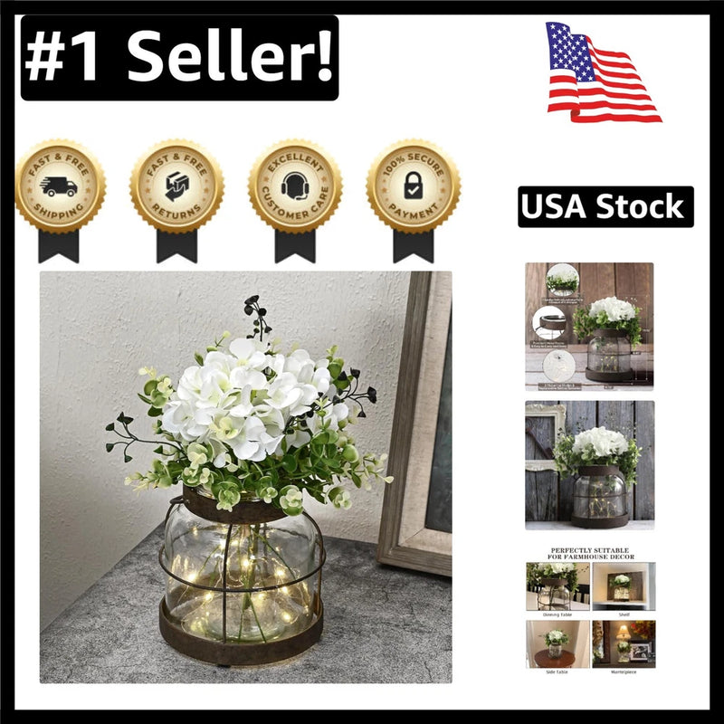 Vintage Farmhouse Glass Lantern Vase with Faux Hydrangeas Ð Perfect Home Decor Hydrangea
