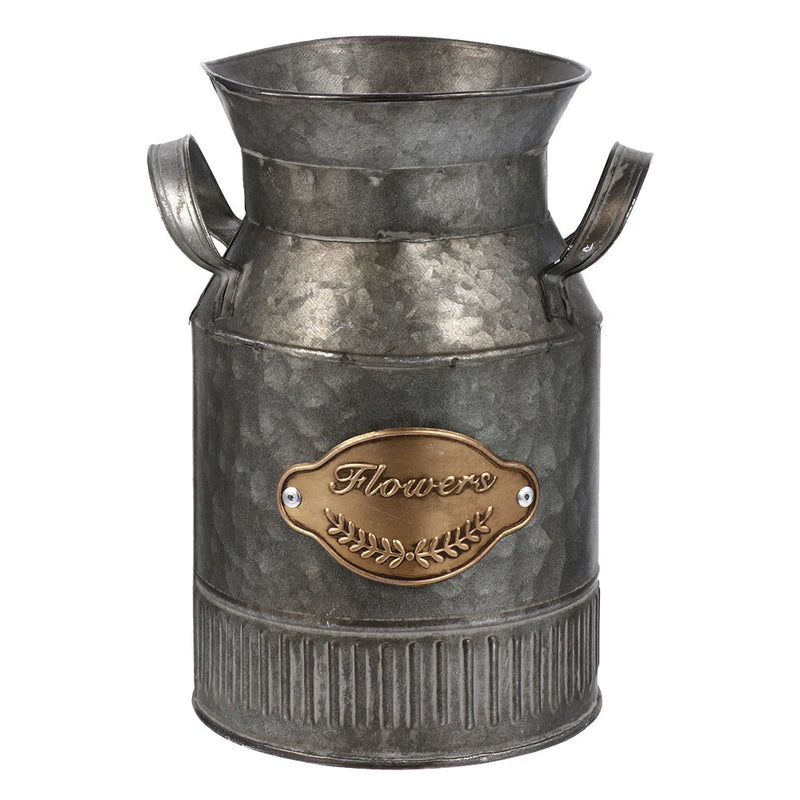 Retro iron planter vase, gray metal with side handles and oval Flowers plaque