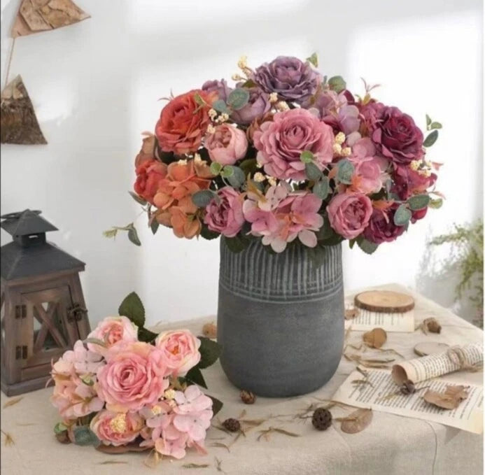 Vintage Artificial Fake Silk flowers Bunch in vase Pouquet Wedding Home party. Peony