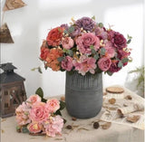Vintage Artificial Fake Silk flowers Bunch in vase Pouquet Wedding Home party. Peony