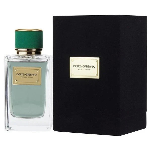 Dolce & Gabbana Velvet Cypress EDP: green glass bottle with gold cap and black box