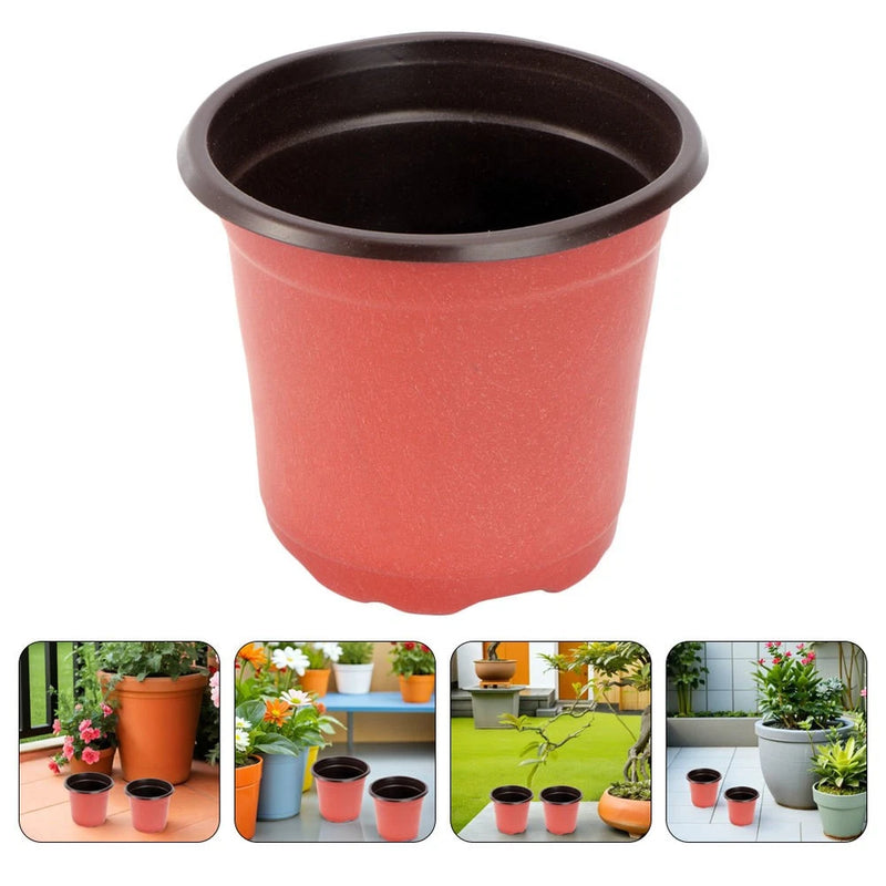 Red plastic flower pot with wide rim for planting and potting garden plants