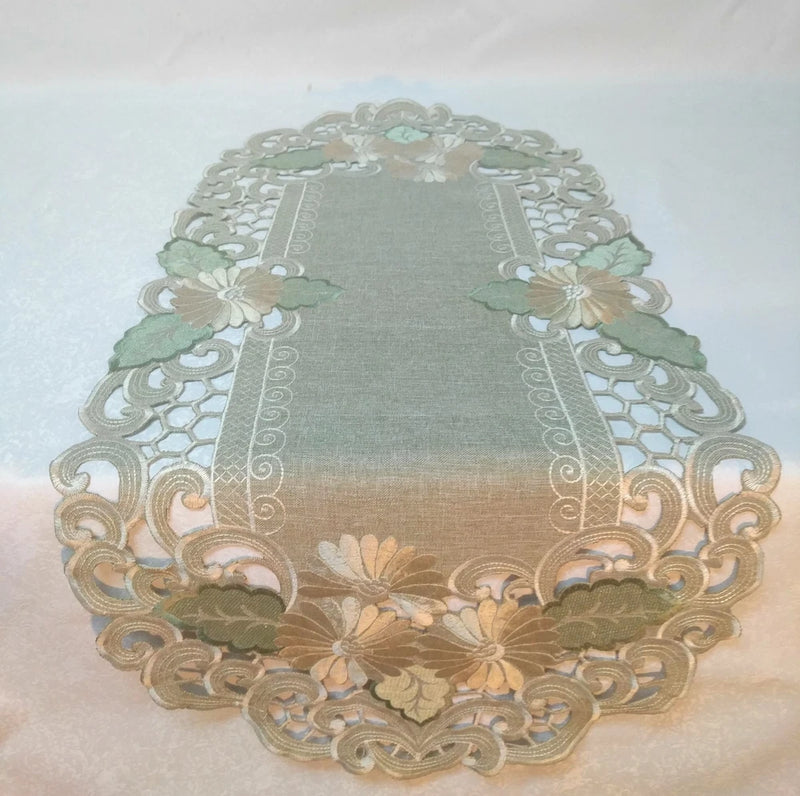 Doily Boutique Table Runner, Doily, Mantel Scarf with Gold Daisy on Green Burlap Daisies