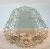 Doily Boutique Table Runner, Doily, Mantel Scarf with Gold Daisy on Green Burlap Daisies