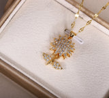 Titanium 14k Gold Plated Flower Sunflower Spin Pave CZ Pendant Chain Necklace Sunflower