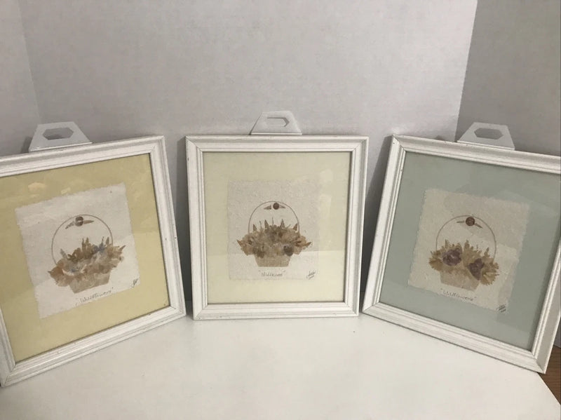 Set of 3 framed dried wildflower wall art with pressed flowers, white mats, light frames