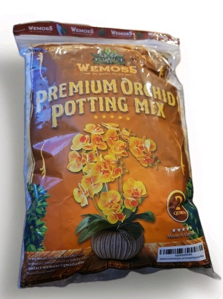 Wemoss premium orchid potting mix bag, sealed and labeled