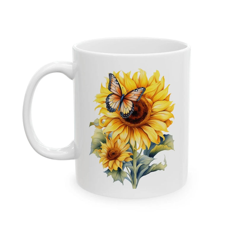 White ceramic coffee mug with sunflower floral and blue butterfly print
