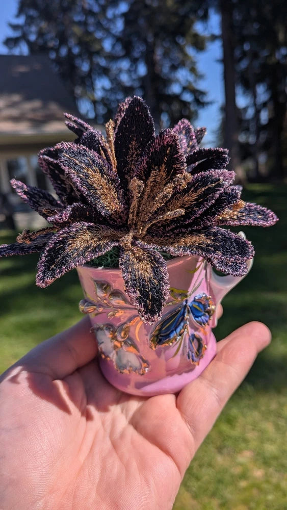 unique lily flower Sculpture Made Of Embroidery Thread in teacup ornate 1950 Lily
