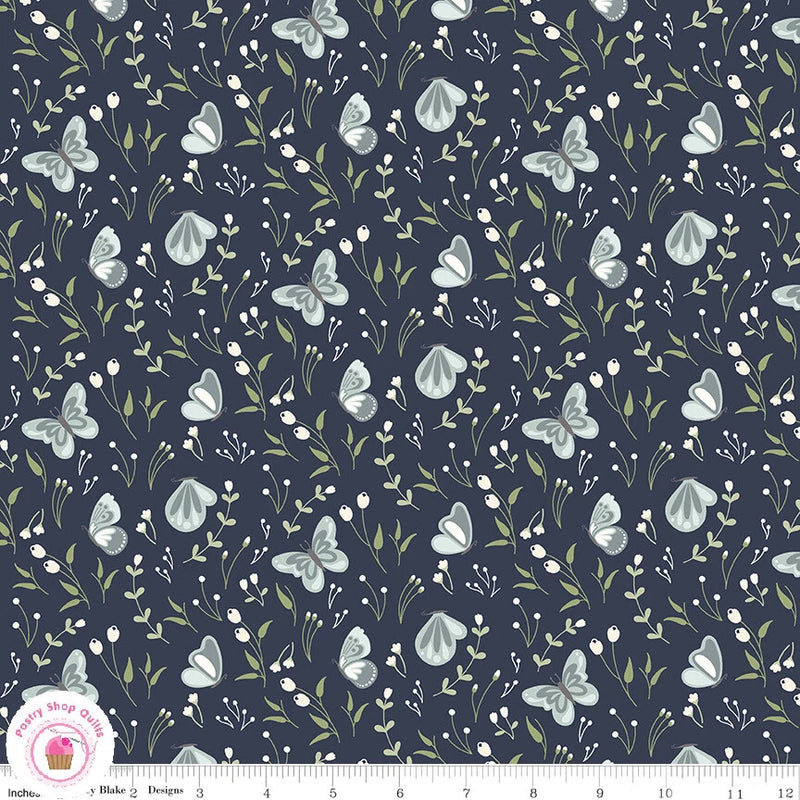 Riley Blake DAYBREAK 11621M  Navy Blue Butterflies Floral Quilt Fabric Flowering Plants
