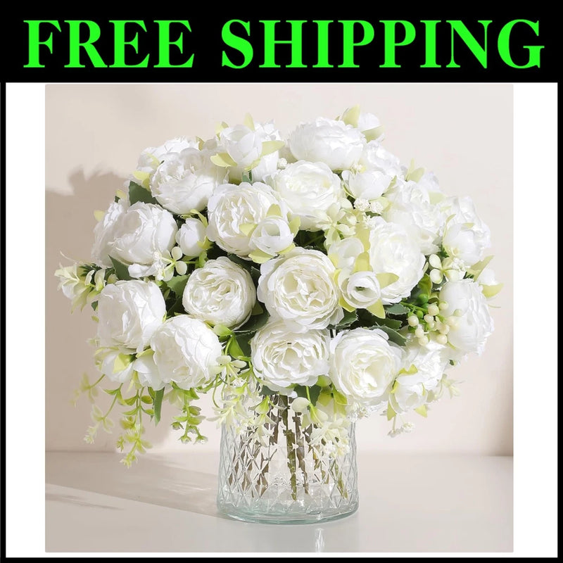 Artificial white peonies bouquet with clustered blooms in clear glass vase