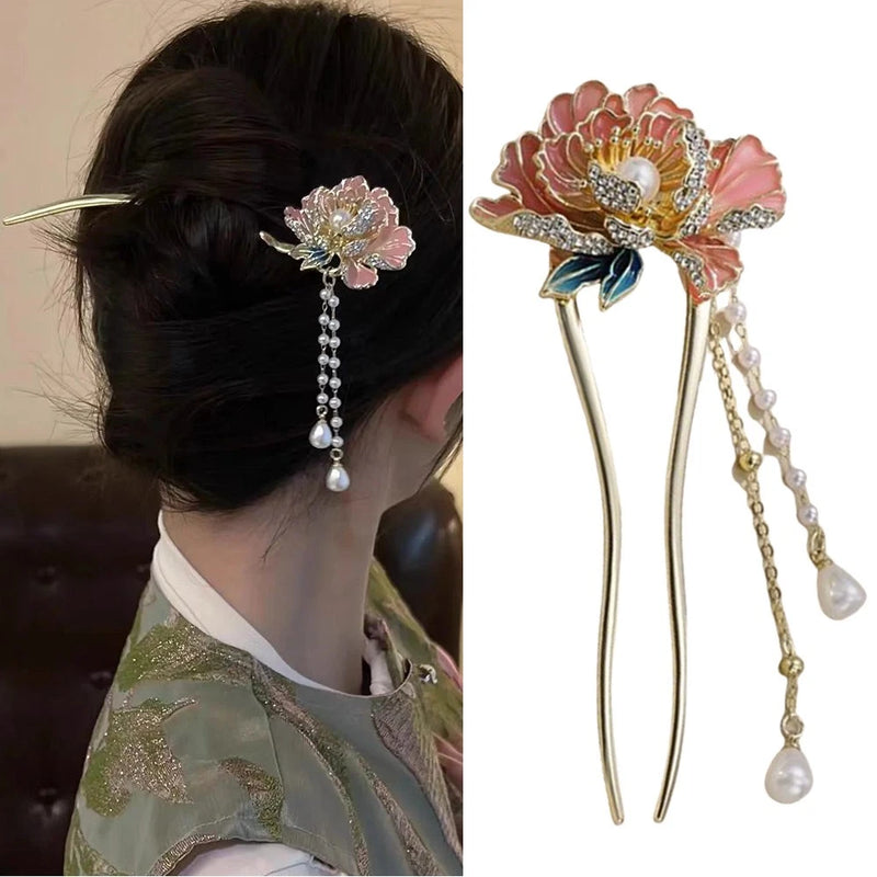 Peony flower U-shaped hair pin with pearl dangle beads