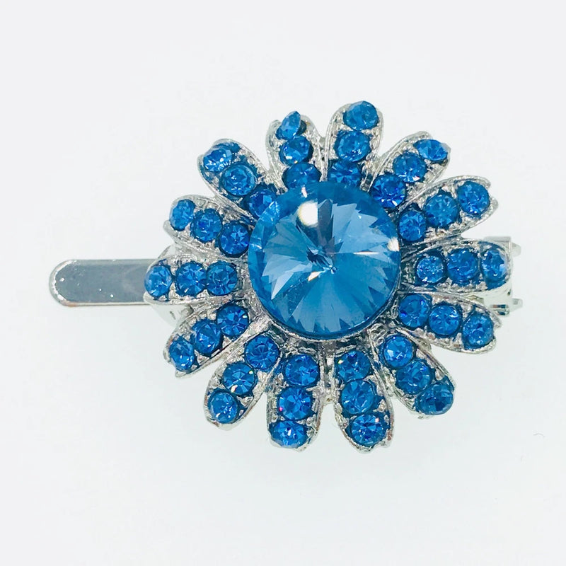Blue rhinestone sunflower hair barrette clip with silver-tone clasp