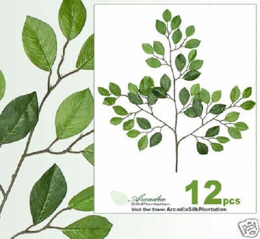 Set of 12 artificial ficus spray branches with green silk-like leaves for decoration