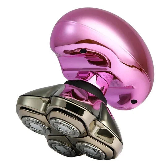 Electric women's shaver with metallic purple shell and four foil heads