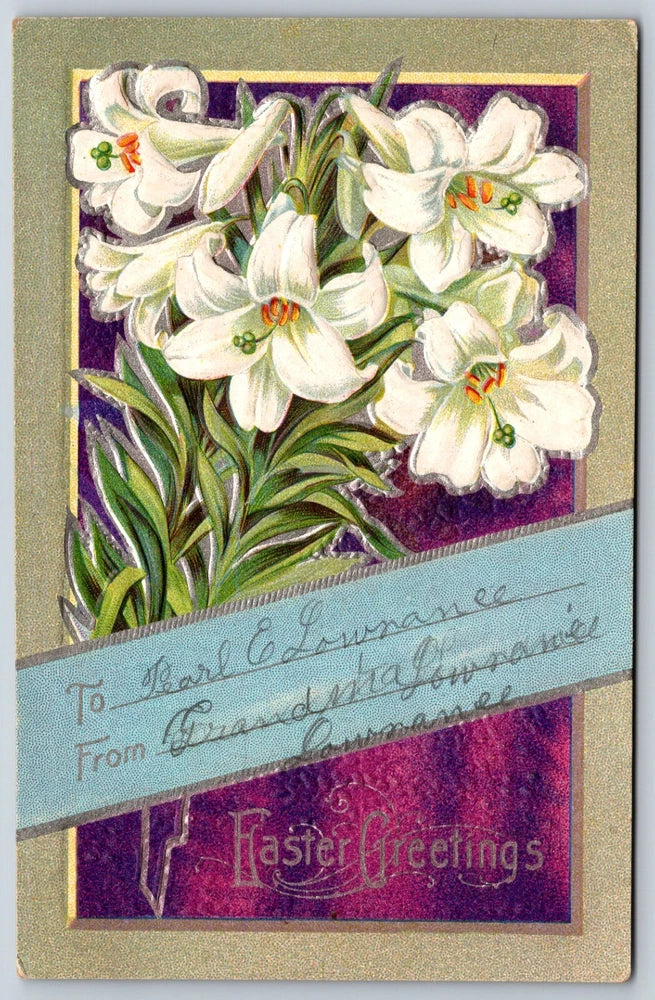 Unposted Easter postcard with embossed white lily flowers