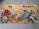 47" Tapestry Cloth Silk Embroidery Peony Flower Peacock Mural Painting Peony