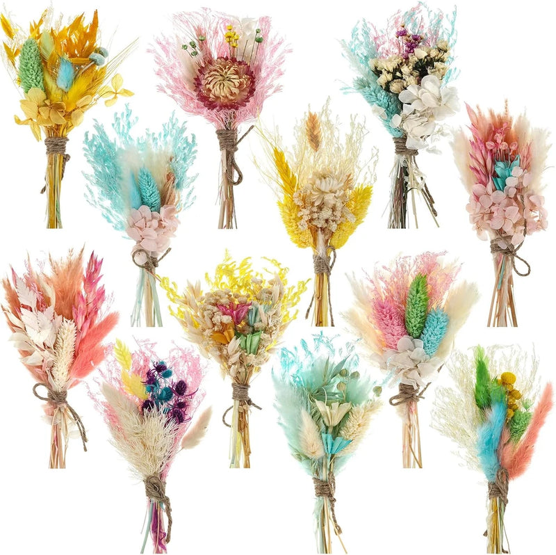 12-pack boho mini dried flower bouquets, colorful dried blooms tied with twine