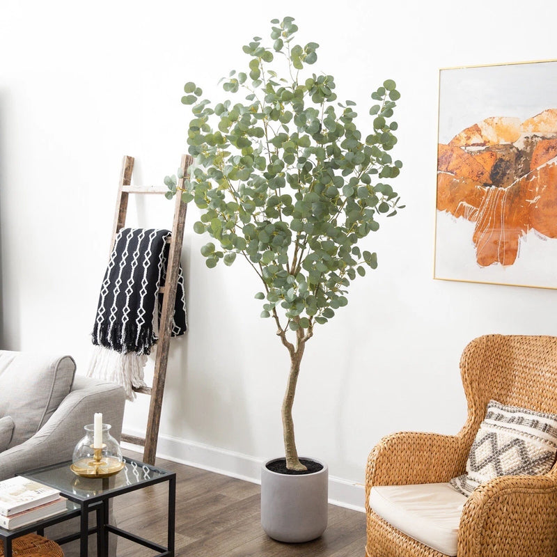 7.5Õ Greco Eucalyptus Artificial Tree with Resin Stone Planter. Retail $549 Green Plant