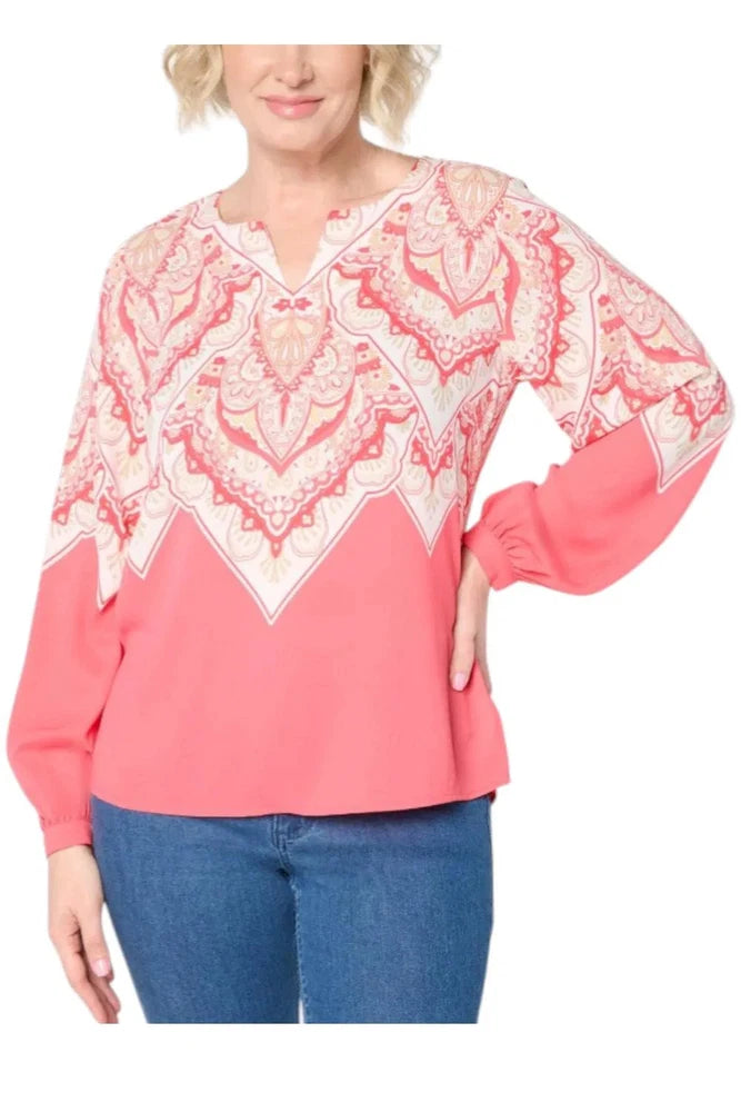 Women's pink blouse with ornate floral yoke and long sleeves