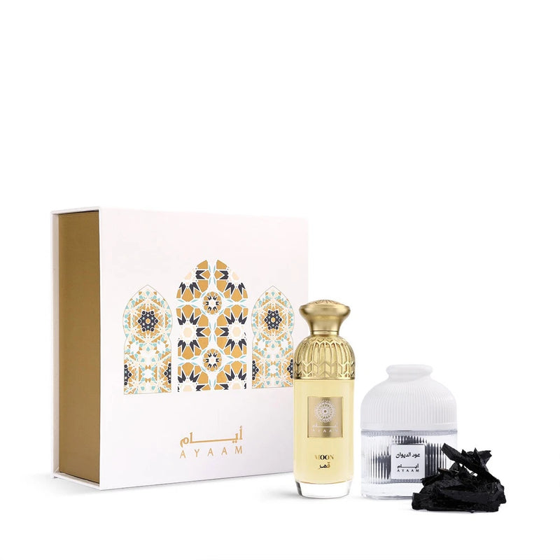 2-piece perfume set: gift box with arched pattern and two bottles, gold and white