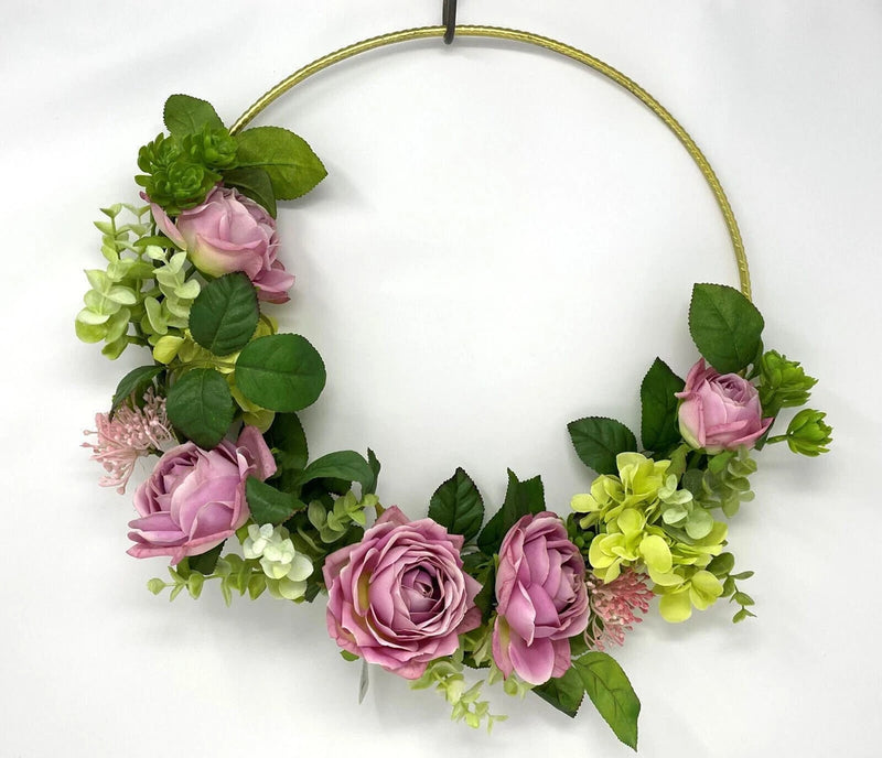 Artificial 15Ó Lavender-Pink ROSE & Hydrangea Gold Ring WREATH, Home Decor Hydrangea