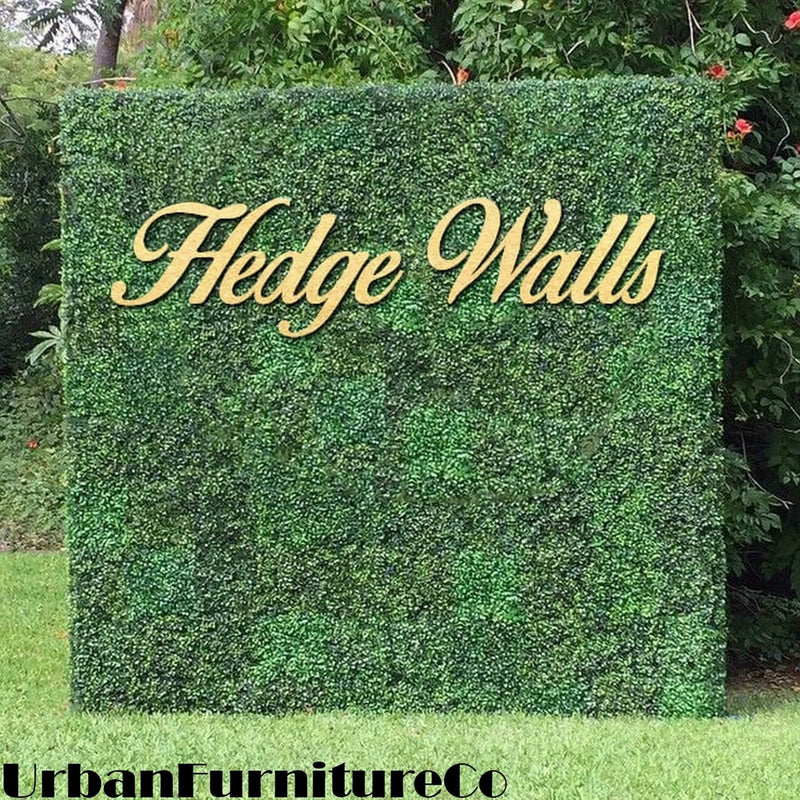 Green artificial boxwood hedge wall mat with dense foliage coverage