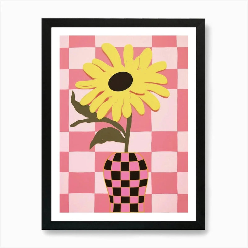Framed sunflower wall art print with yellow flower and checkered vase on pink grid