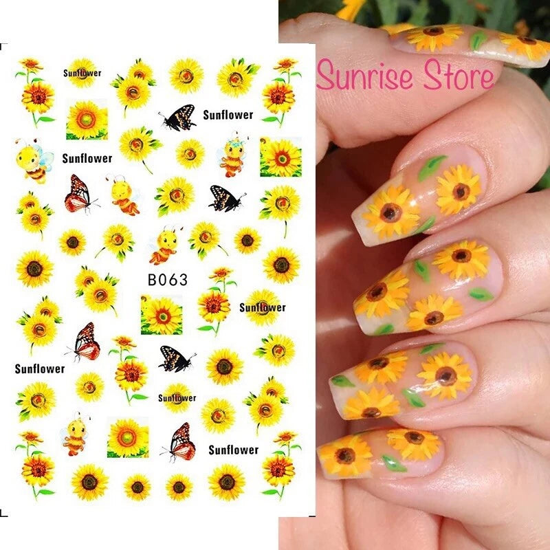 3D Nail Art Sticker 63 Sunflower Butterfly Floral Decals Manicure Peel & Stick Sunflower