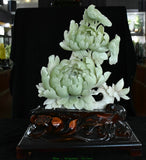 16.1'' Chinese Natural Xiu Jade Carved Fengshui Peony Flower Bird Animal Statue Peony
