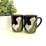 2 Otagiri Calla Lily Flowers Ceramic Mugs Coffee Cup Black with Gold Trim Japan Lily