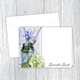 Hydrangeas in a Mason Jar Note Cards, Personalized Stationery, Floral Note Cards Hydrangea