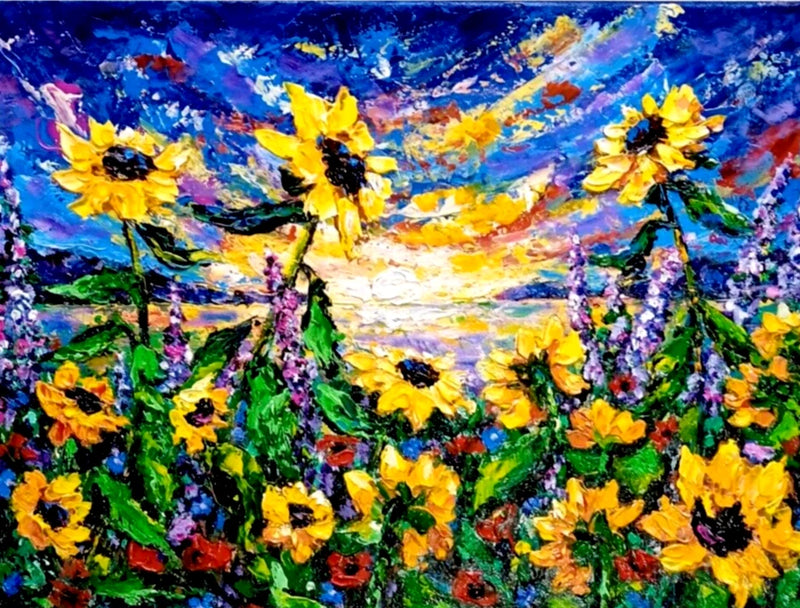 Sunflowers Field Painting Sunset Landscape Canvas Original Art 12x16in Sunflower