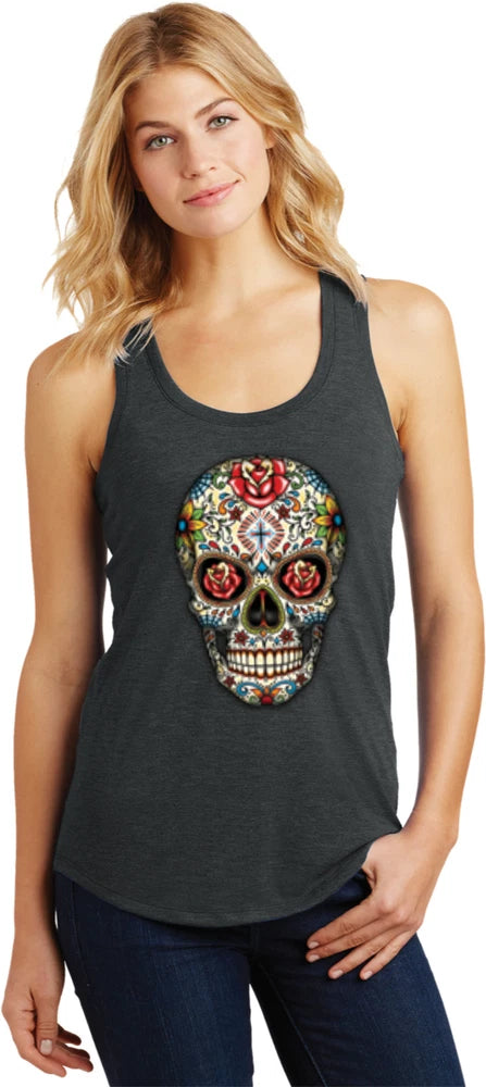 Dark gray ladies racerback tank top with colorful sugar skull and rose graphics