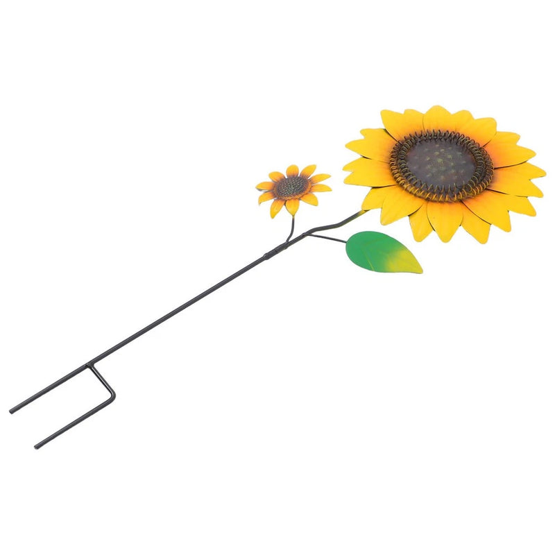 Sunflower garden stake with two artificial blooms on a long metal rod