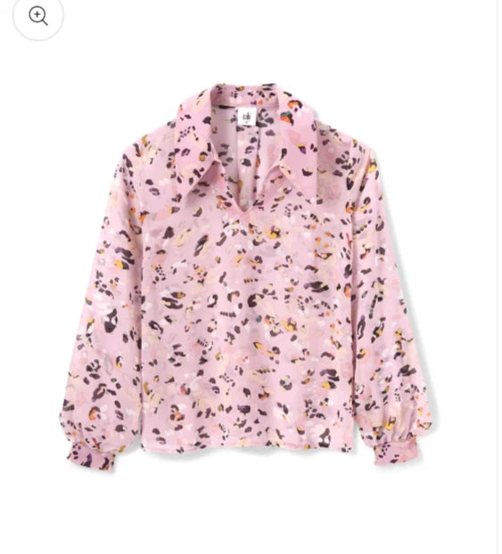 Pink multicolor printed blouse top with collar and long sleeves