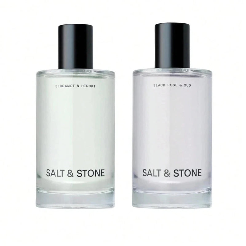 Body mist perfume bottles set, clear bottles with black caps and white labels