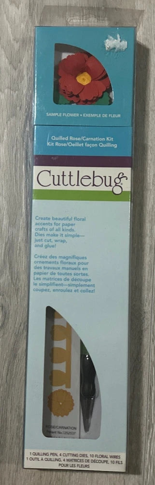 Cuttlebug quilled flower die kit packaging with rose-carnation flower design