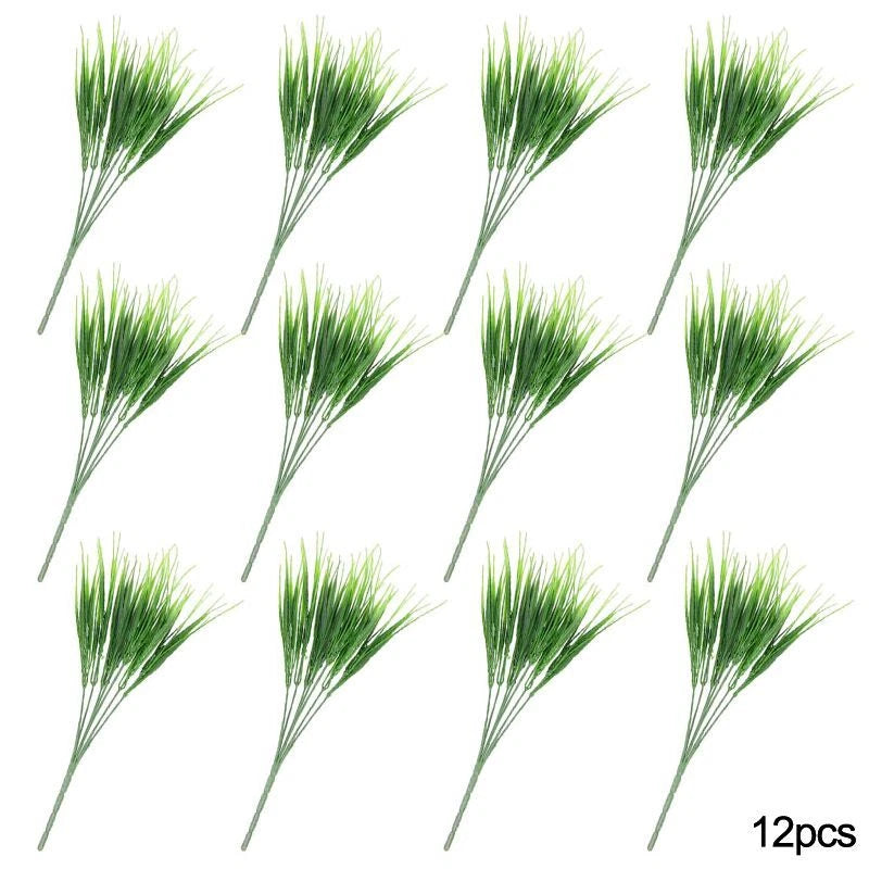 Set of 12 artificial green wheat grass stems with clustered blades