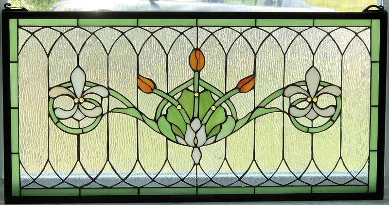 Tiffany Style Stained Glass Window Panel "Fleur De Lis" 32" x 16" FREE SHIP USA Lily
