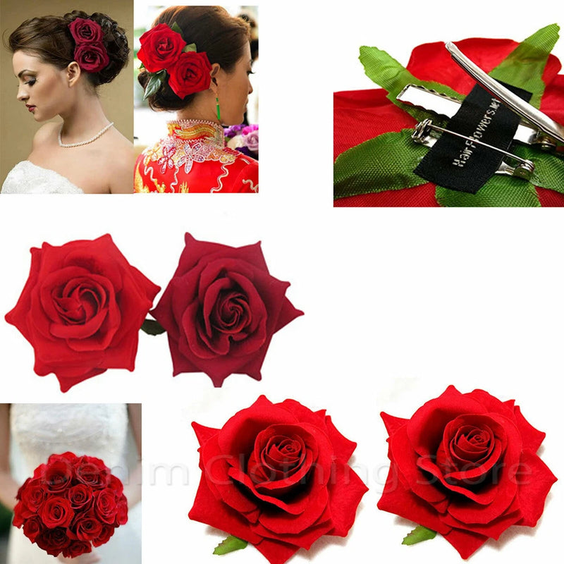 Red rose flower hair clip set with two red blooms for bridal, bridesmaid hairstyles