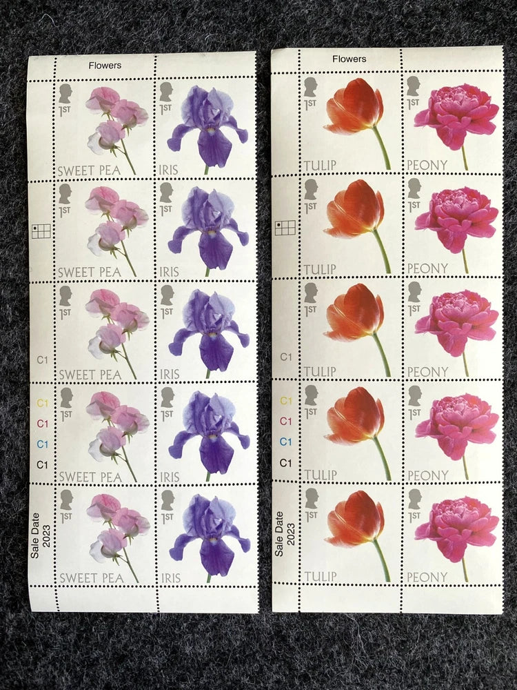(2023) 1st class UK GB Stamps MNH Block Sheet TULIP PEONY SWEET PEA IRIS Flowers Peony