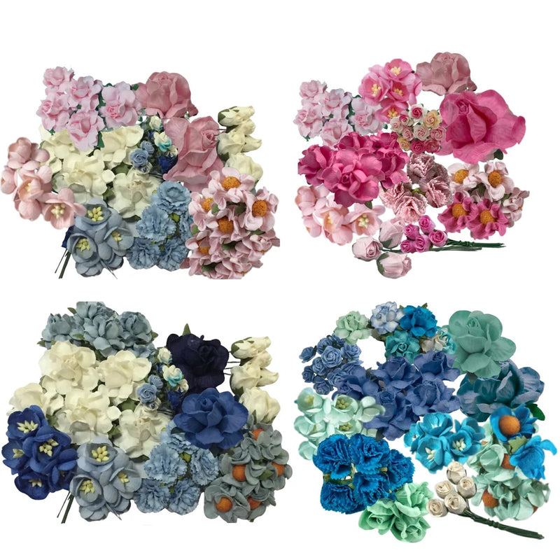 50 Mixed Paper Flower Carnation Roses Buds Wedding Scrapbook Card-Making Corsage Carnation