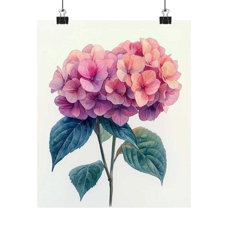 Boho pink hydrangea flower art print poster with purple-pink blooms and green leaves