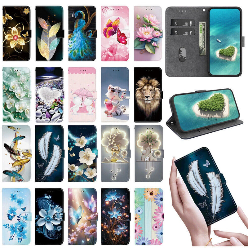 Wallet-style phone case with butterfly and flower print, shown with phone display