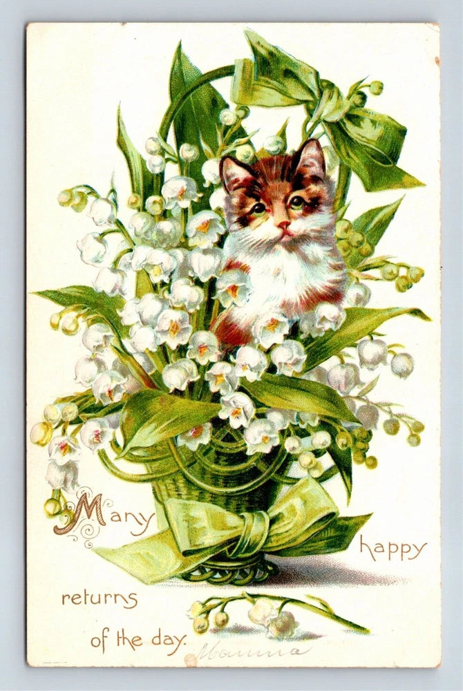 Vintage birthday postcard featuring a kitten nestled in lily of the valley flowers