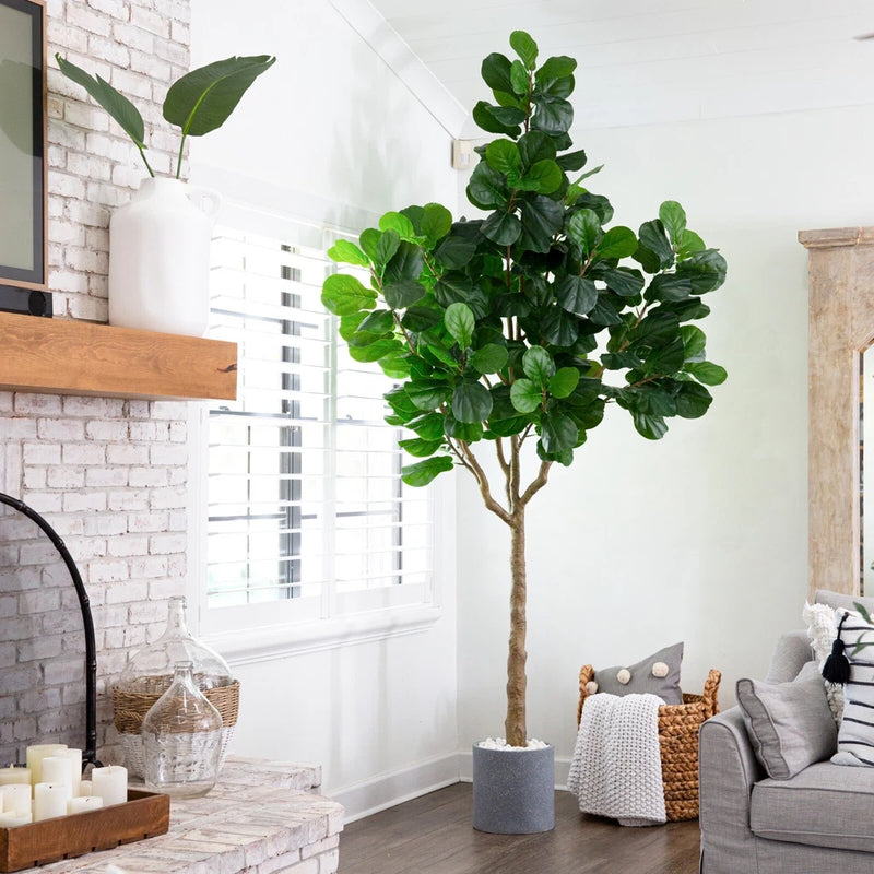 Artificial fiddle leaf fig tree with green leaves in a white pot