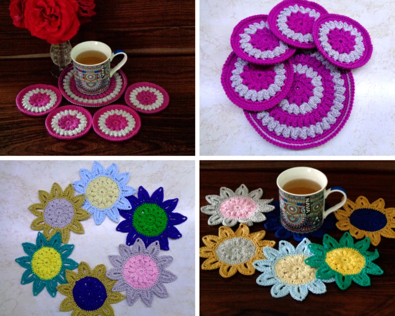 Handmade crochet round sunflower mandala coasters set, purple pink and white
