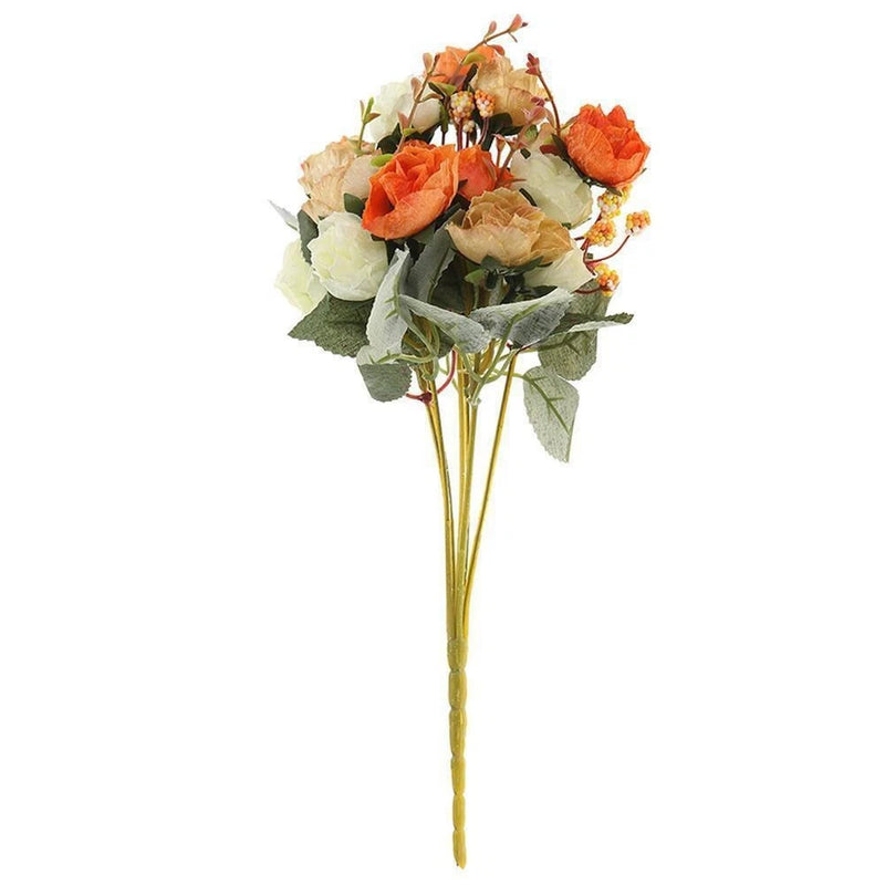 Artificial flower bouquet with orange and cream rose-style blooms, green leaves